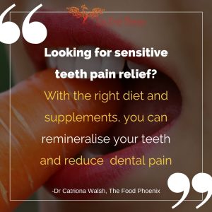 Looking for sensitive teeth pain relief? With the right diet and supplements, you can remineralise your teeth and reduce dental pain quote over woman biting carrot